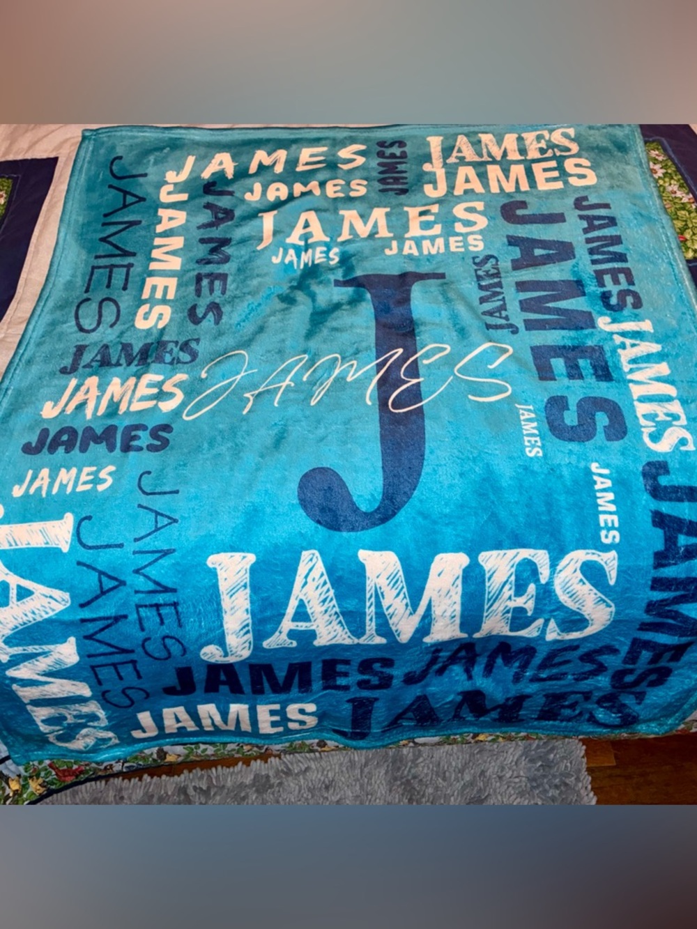 Personalized 'James' Plush Throw Blanket in Bright Teal & Navy